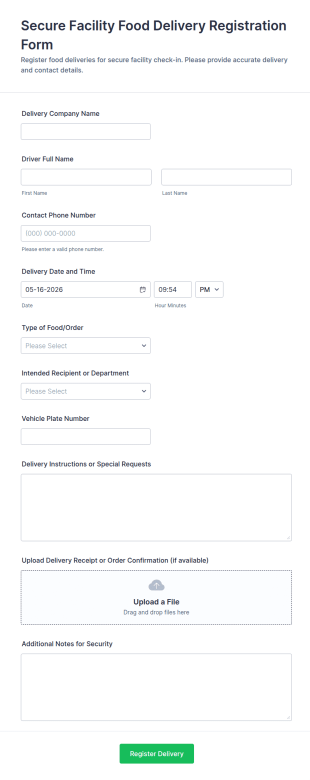 Secure Facility Food Delivery Registration Form Template