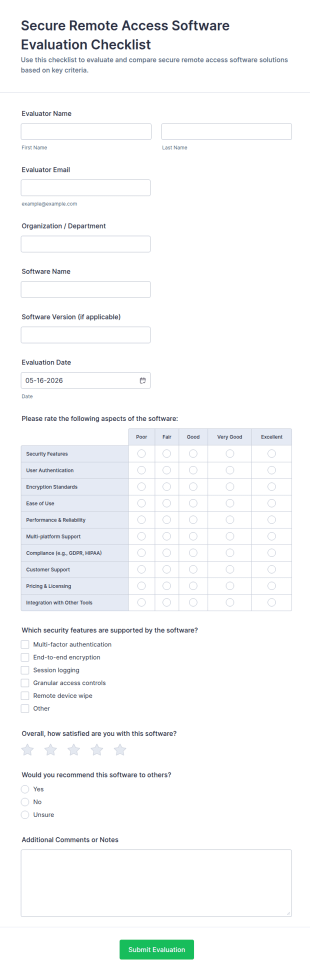 Secure Remote Access Software Evaluation Checklist Form Template