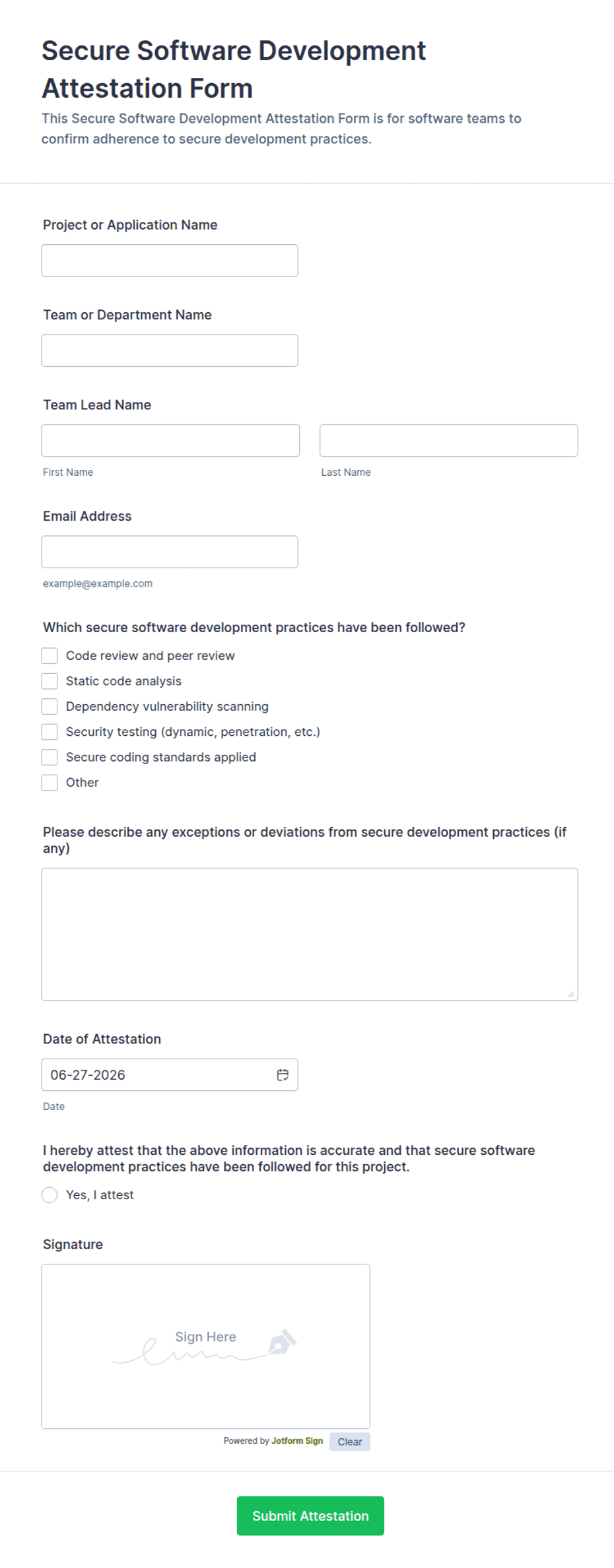 Secure Software Development Attestation Form Template | Jotform