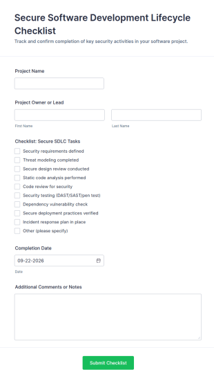 Secure Software Development Lifecycle Checklist Form Template