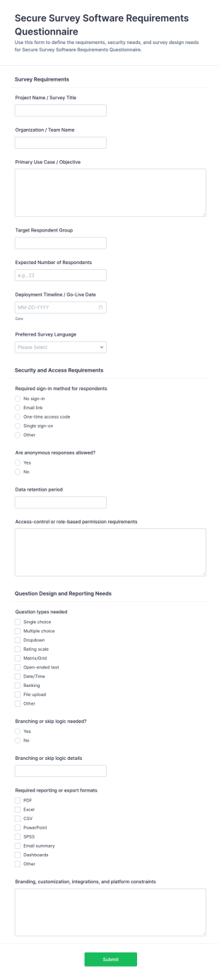 Secure Survey Software Requirements Questionnaire Form Template