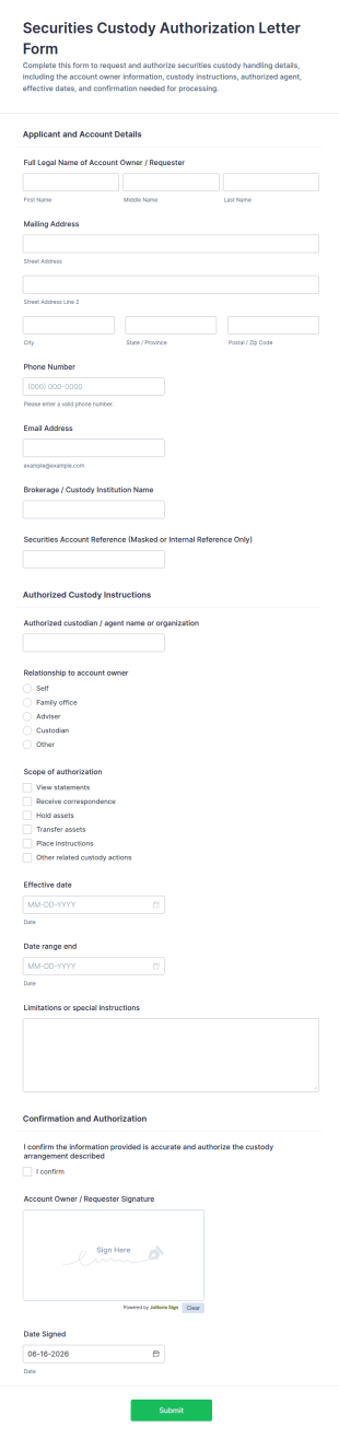 Securities Custody Authorization Letter Form Template