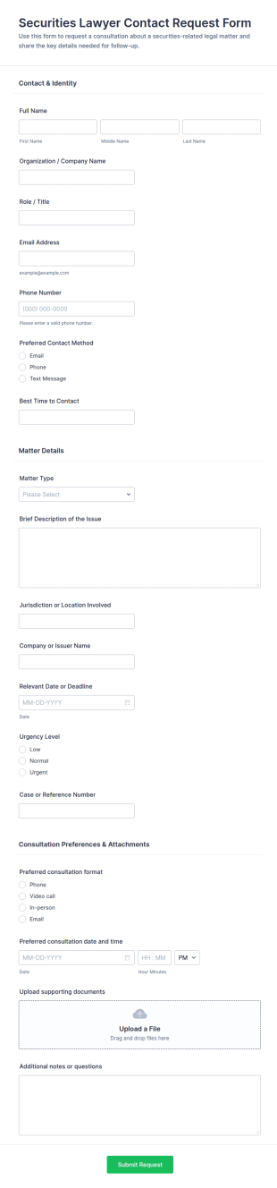 Securities Lawyer Contact Request Form Template