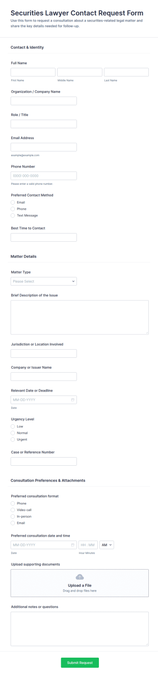 Securities Lawyer Contact Request Form Template
