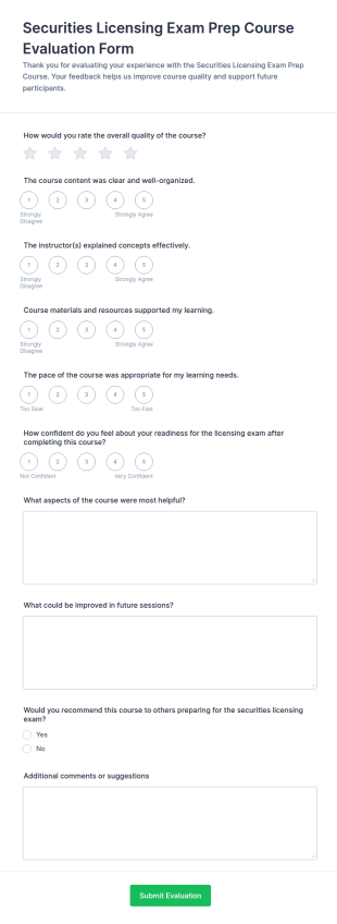 Securities Licensing Exam Prep Course Evaluation Form Template
