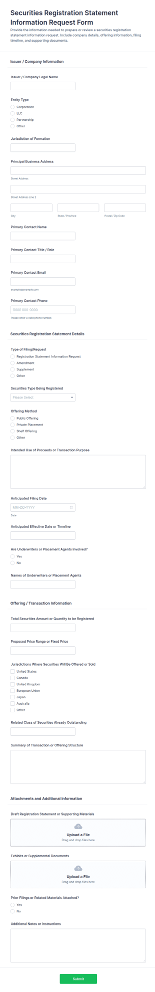 Securities Registration Statement Information Request Form Template