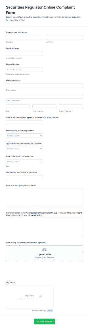 Securities Regulator Online Complaint Form Template