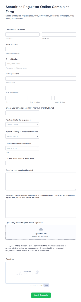 Securities Regulator Online Complaint Form Template