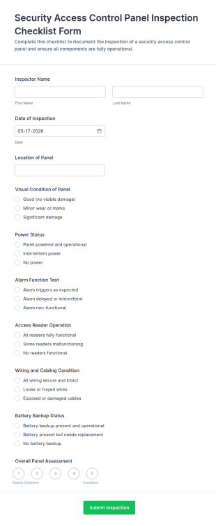 Security Access Control Panel Inspection Checklist Form Template