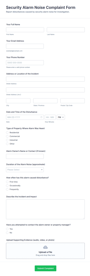 Security Alarm Noise Complaint Form Template