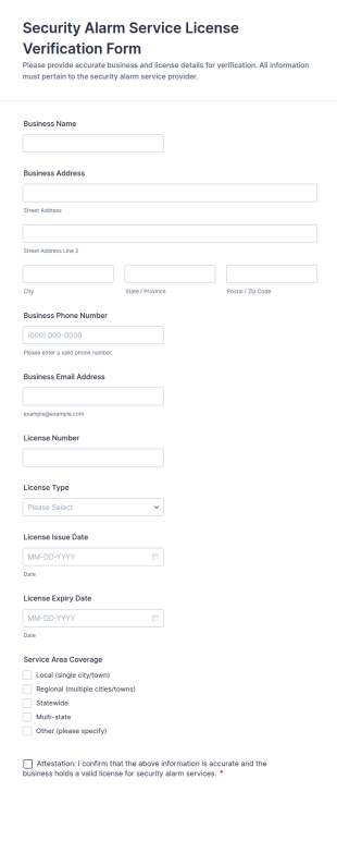 Security Alarm Service License Verification Form Template