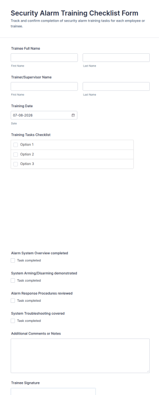 Security Alarm Training Checklist Form Template