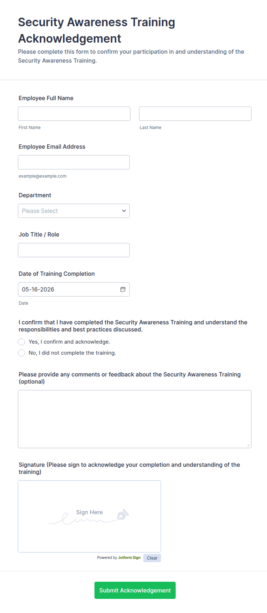 Security Awareness Training Acknowledgement Form Template | Jotform