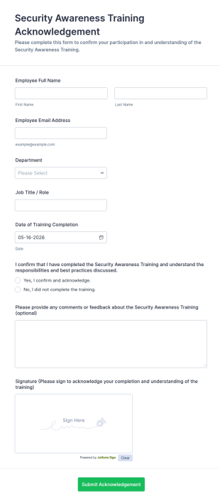 Security Awareness Training Acknowledgement Form Template