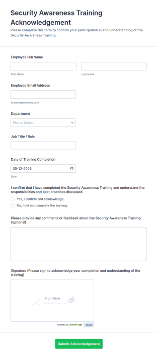 Security Awareness Training Acknowledgement Form Template