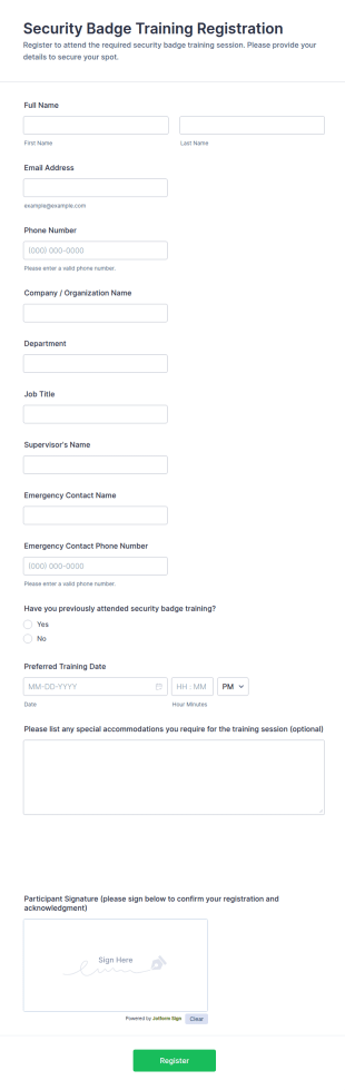 Security Badge Training Registration Form Template