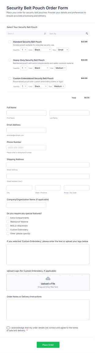 Security Belt Pouch Order Form Template