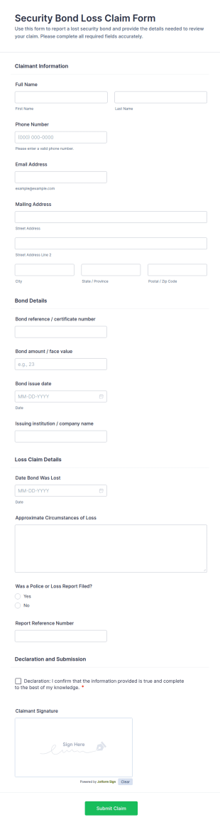 Security Bond Loss Claim Form Template