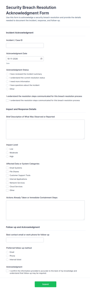 Security Breach Resolution Acknowledgment Form Template