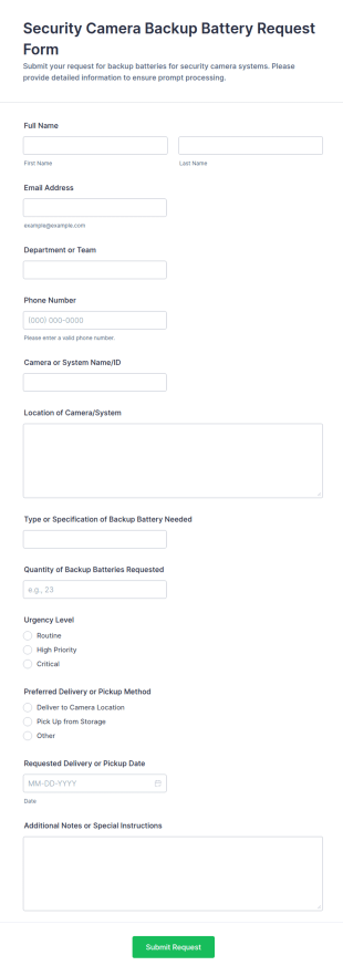 Security Camera Backup Battery Request Form Template