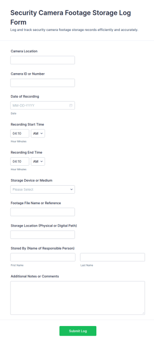 Security Camera Footage Storage Log Form Template
