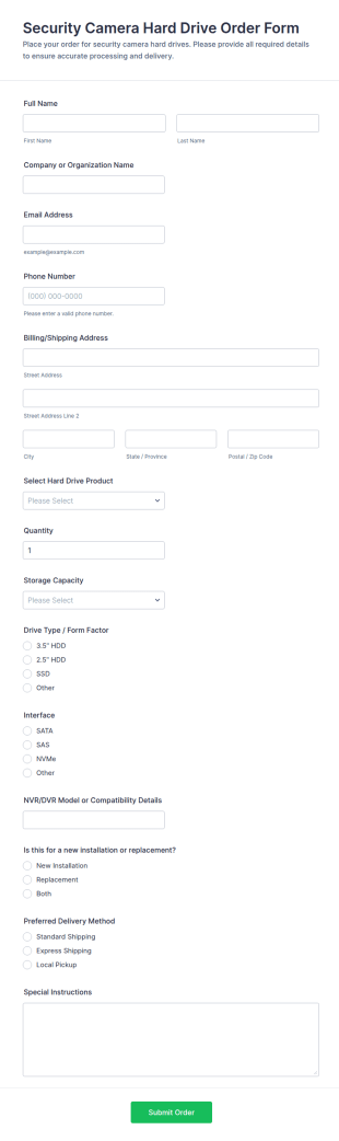 Security Camera Hard Drive Order Form Template