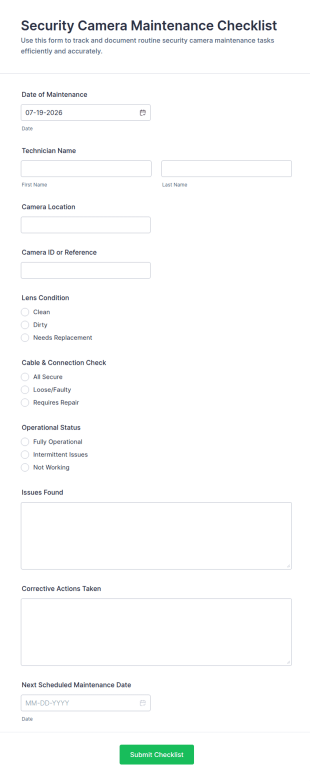 Security Camera Maintenance Checklist Form Template