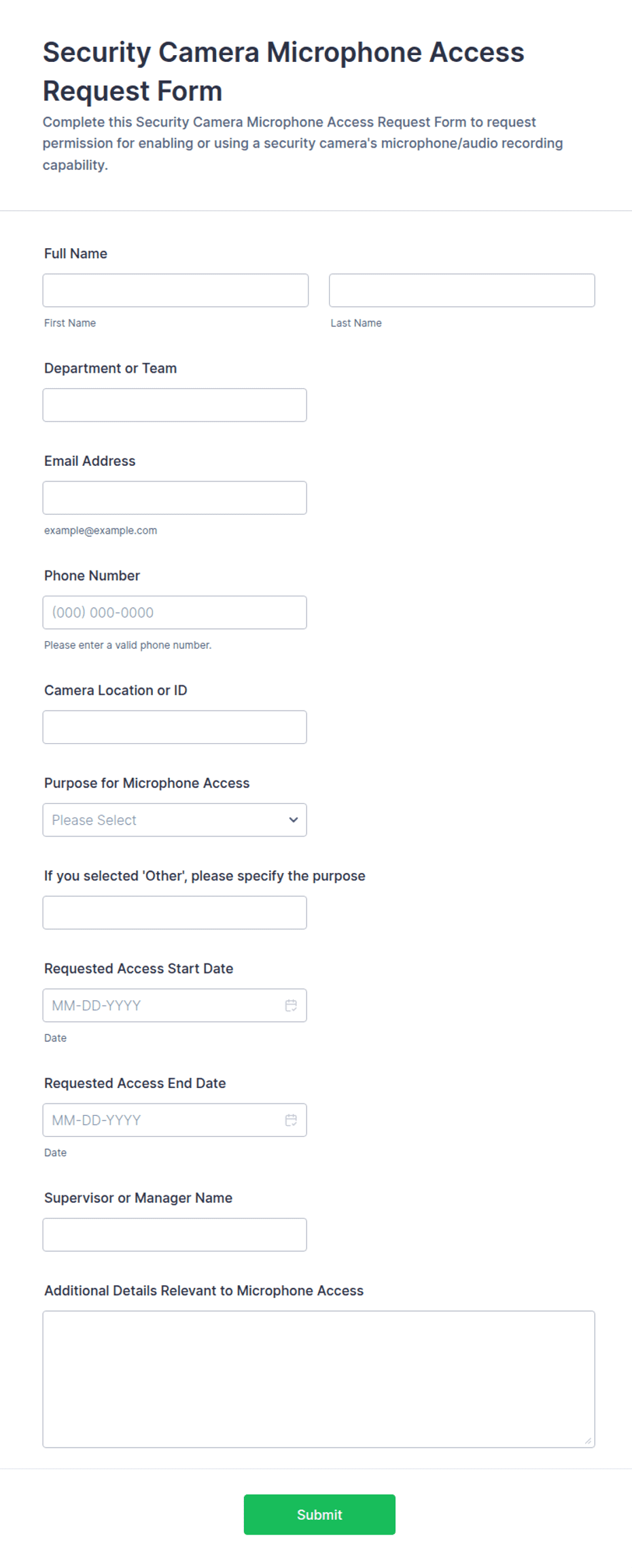 Security Camera Microphone Access Request Form Template | Jotform