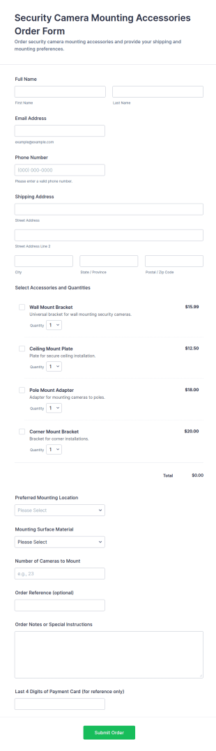 Security Camera Mounting Accessories Order Form Template