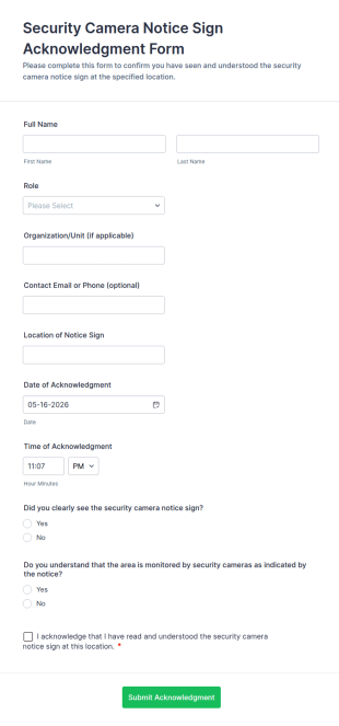Security Camera Notice Sign Acknowledgment Form Template