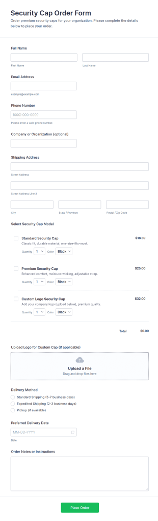 Security Cap Order Form Template