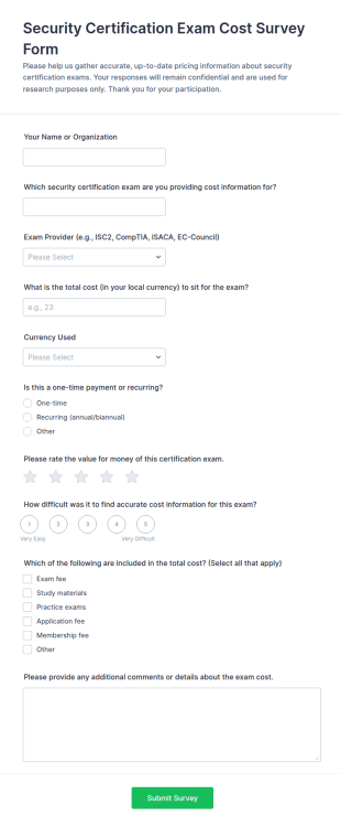 Security Certification Exam Cost Survey Form Template