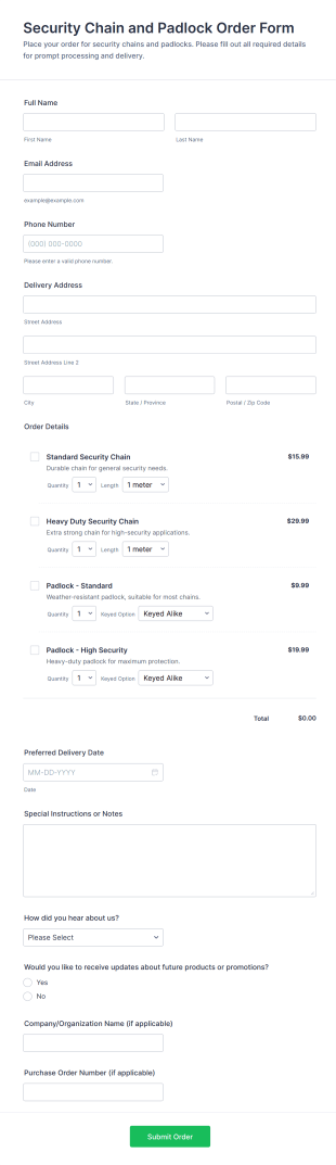 Security Chain And Padlock Order Form Template