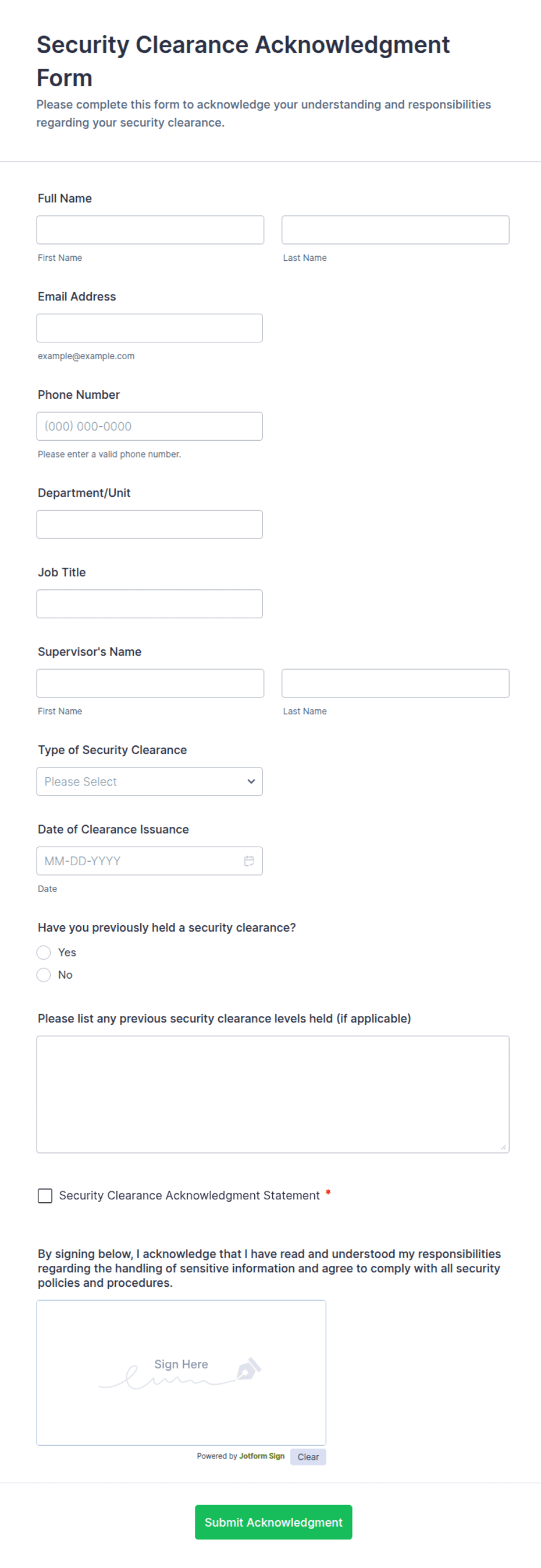 Security Clearance Acknowledgment Form Template | Jotform