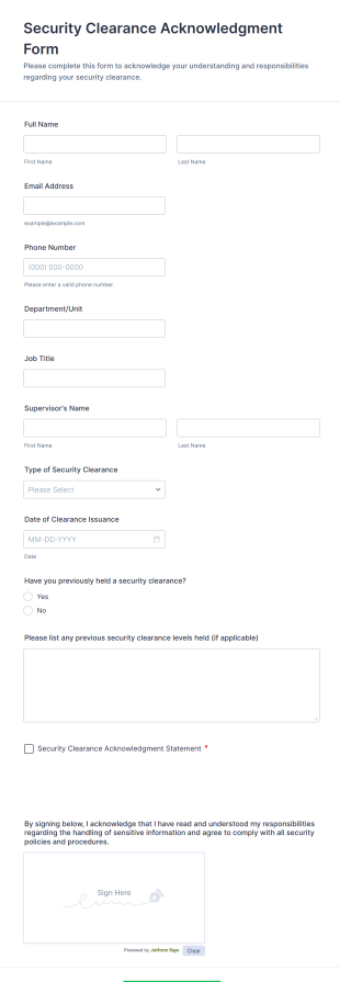 Security Clearance Acknowledgment Form Template
