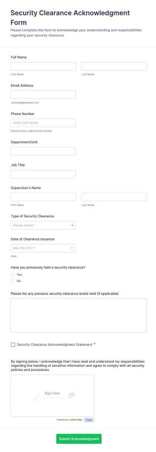 Security Clearance Acknowledgment Form Template