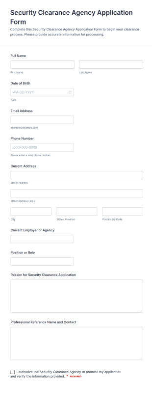 Security Clearance Agency Application Form Template
