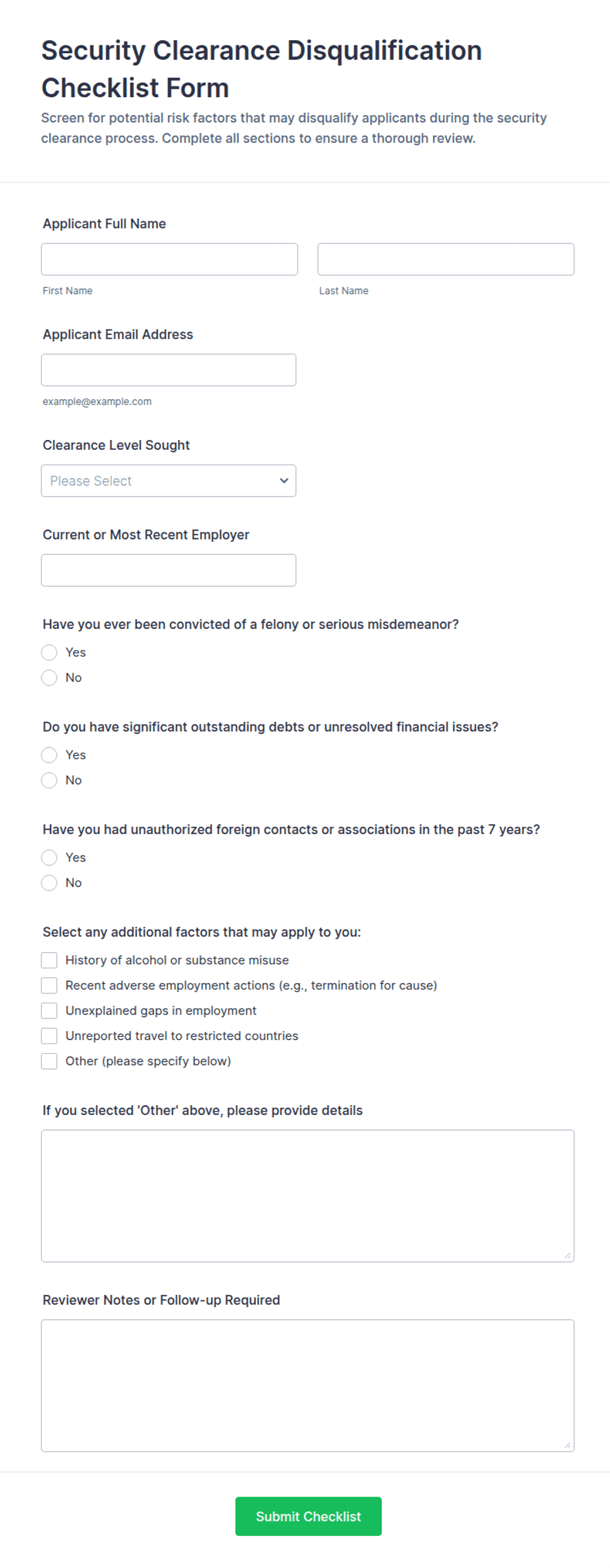 Security Clearance Disqualification Checklist Form Template | Jotform