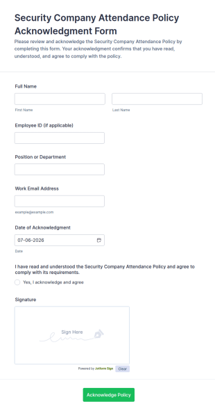 Security Company Attendance Policy Acknowledgment Form Template