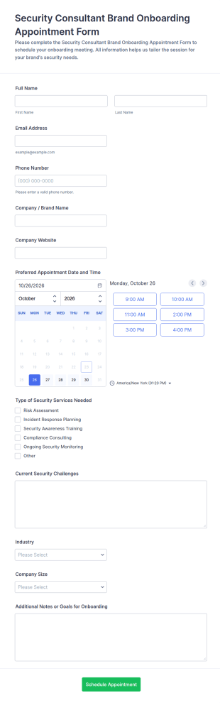 Security Consultant Brand Onboarding Appointment Form Template