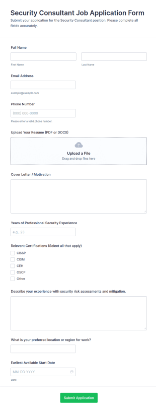 Security Consultant Job Application Form Template