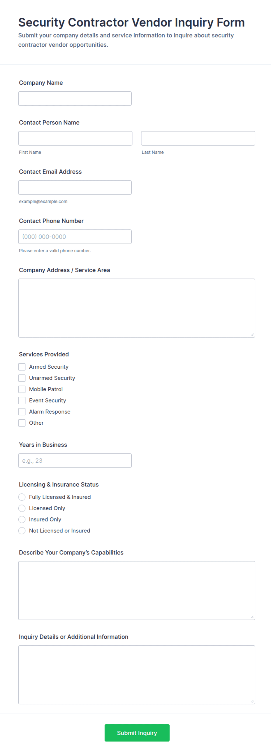 Security Contractor Vendor Inquiry Form Template | Jotform