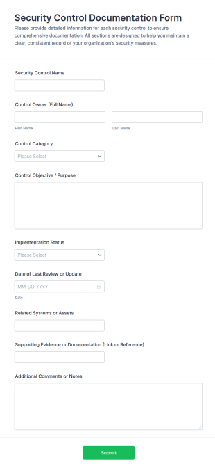 Security Control Documentation Form Template