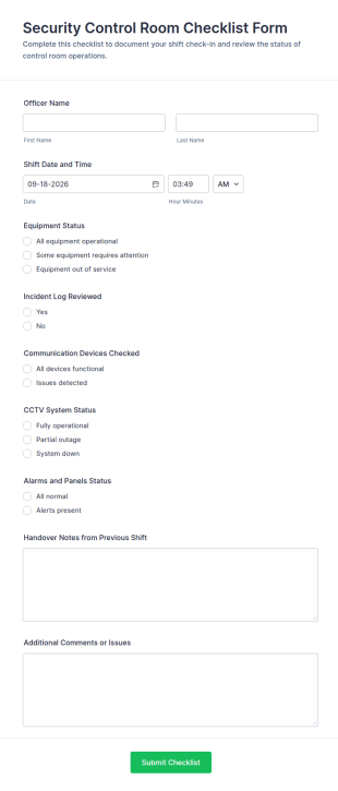 Security Control Room Checklist Form Template