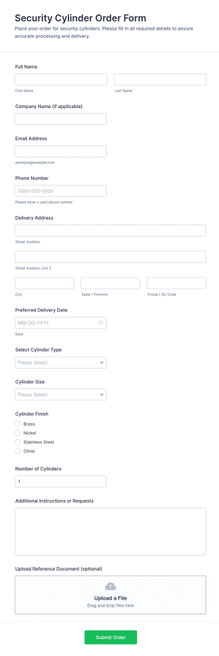 Security Cylinder Order Form Template