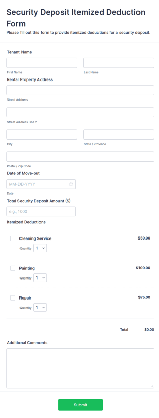 Security Deposit Itemized Deduction Form Template