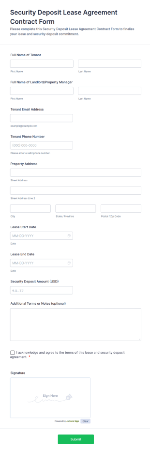 Security Deposit Lease Agreement Form Template