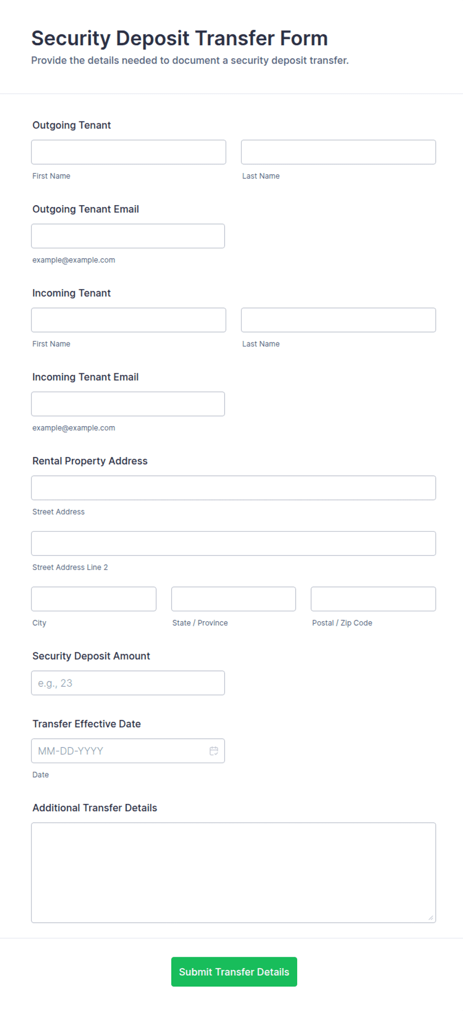 Security Deposit Transfer Form Template | Jotform