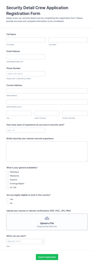 Security Detail Crew Application Form Template