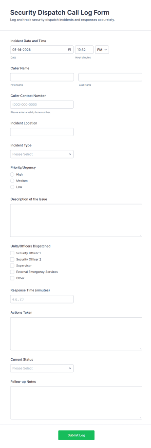 Security Dispatch Call Log Form Template